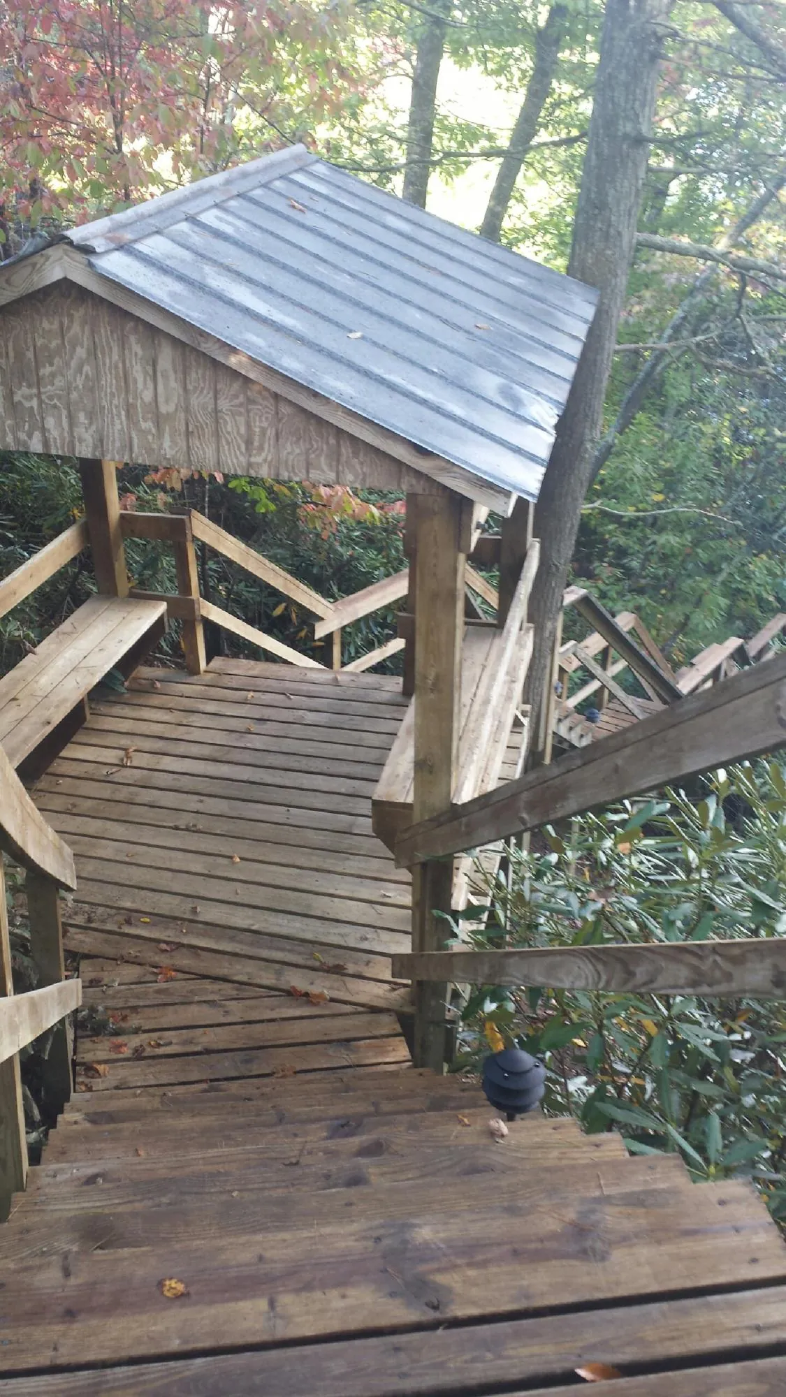 Metal roofed shelter over wooden steps on a wooded walkway — Skylight Repair & Installation work by our crew in Romeoville